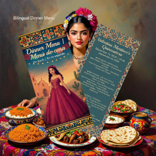 Bilingual Quinceañera Vintage Red Gown Girl Dinner Menu