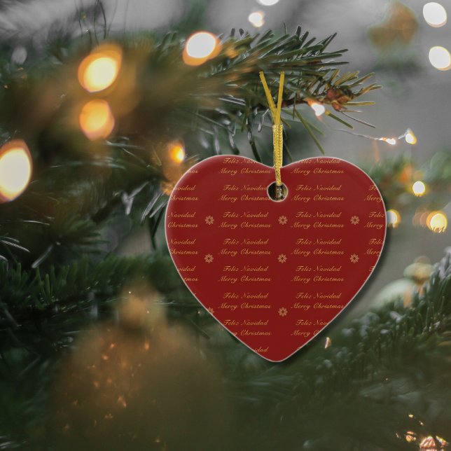 Bilingual Red and Golden Christmas Snowflake Ceramic Tree Decoration (Bilignual Ornament, custom family name & Spanish text. Multilingual Project)