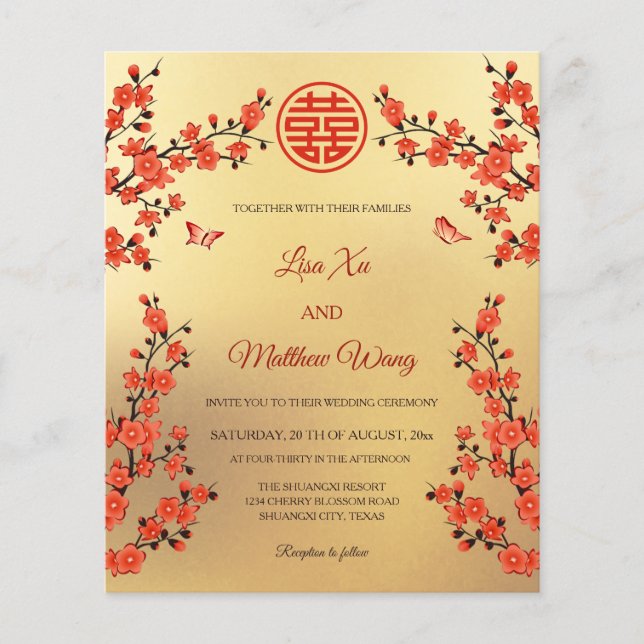 BILINGUAL Red Cherry Blossom | Chinese Wedding Flyer (Front)