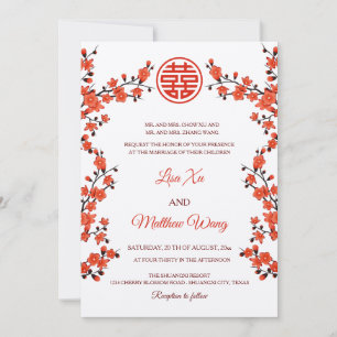 BILINGUAL Red Cherry Blossom   Chinese Wedding Invitation