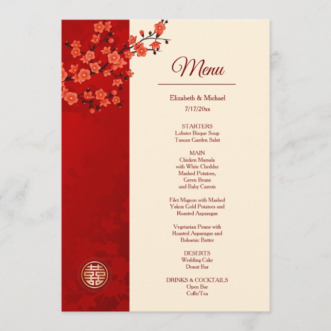 BILINGUAL Red Cherry Blossom Chinese Wedding Menu (Front)