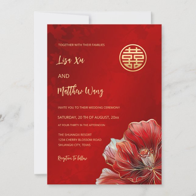 Bilingual Red Flower | Chinese Wedding  Invitation (Front)