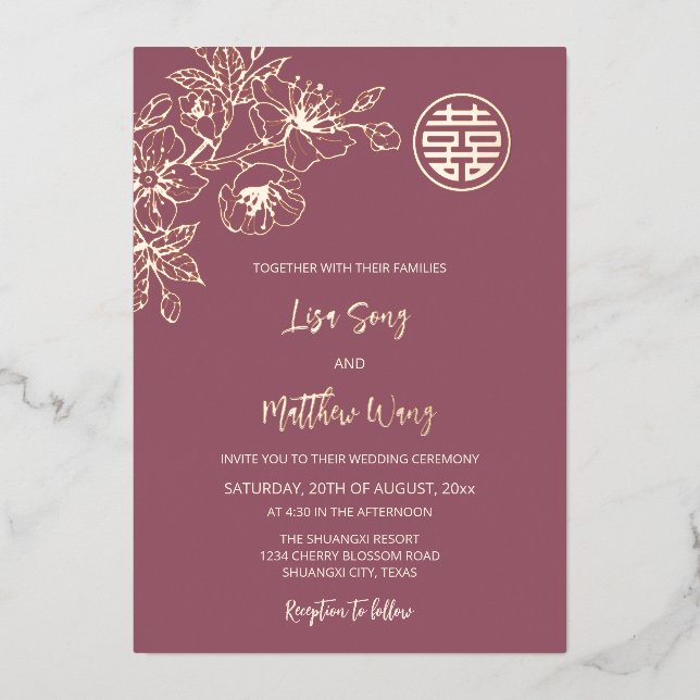 BILINGUAL Rose Gold Cherry Blossom Chinese Wedding (Front)
