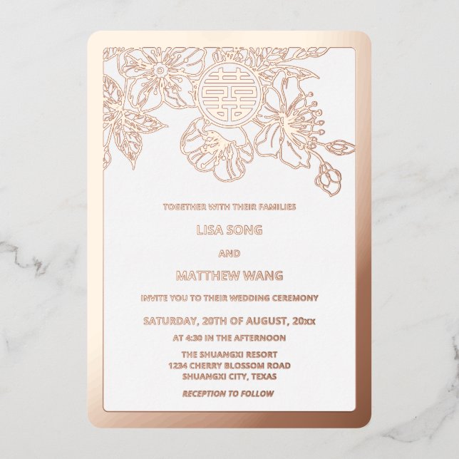 BILINGUAL Rose Gold Cherry Blossom Chinese Wedding (Front)