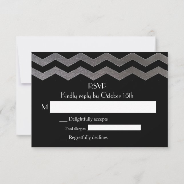 Bilingual SIlver Night Chevron Wedding RSVP Card (Front)