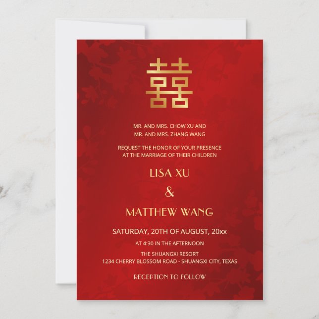 Bilingual | Simple Red Gold Chinese Wedding Invitation (Front)