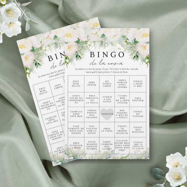 Bilingual Spanish English Bridal Shower Bingo Game Flyer (Bridal shower bingo in Spanish with lovely white florals and elegant calligraphy script)