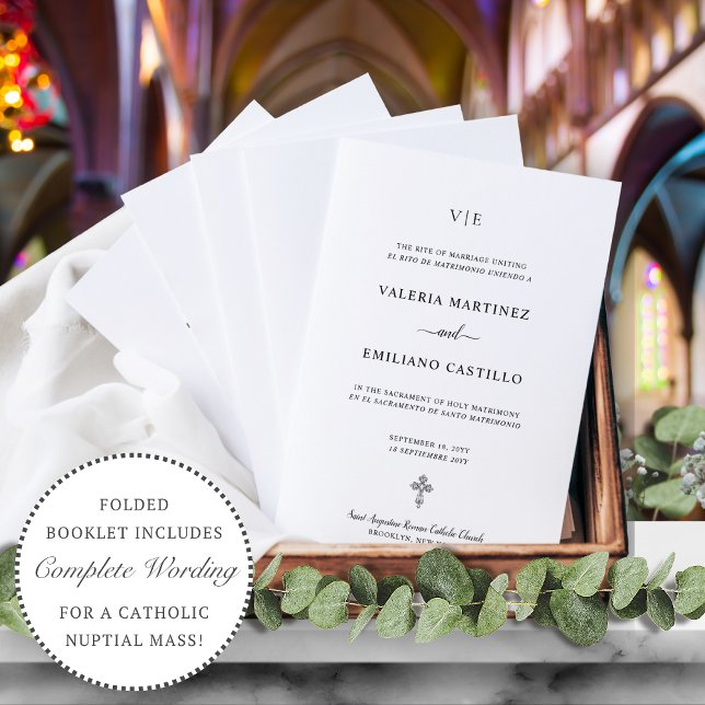 Bilingual Spanish English Catholic Wedding Program (Elegant, simple, bilingual, Spanish-English, folded Catholic wedding program )