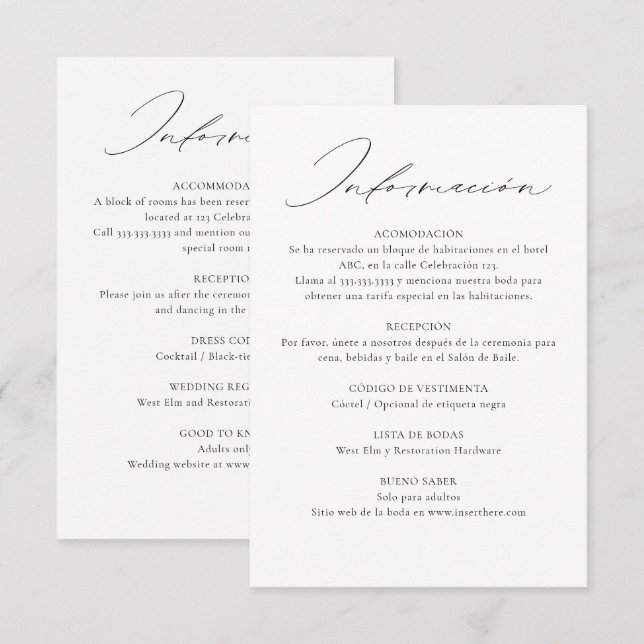 Bilingual Spanish English Double Sided Wedding Enclosure Card (Front/Back)
