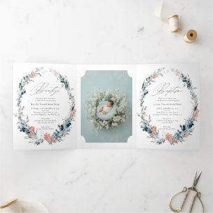 Bilingual Spanish English Flowers Baptism Bautizo  Tri-Fold Invitation