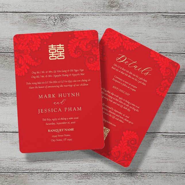 Bilingual Vietnamese English Red Floral Wedding Invitation (Creator Uploaded)