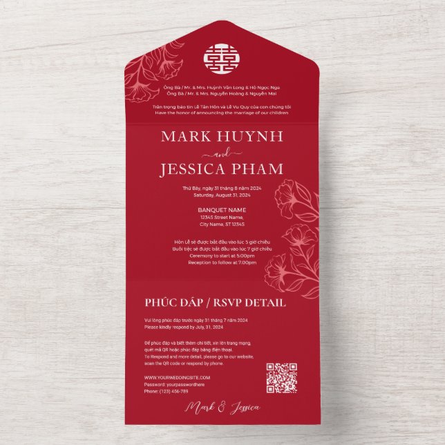 Bilingual Vietnamese English Red Wedding All In One Invitation (Inside)