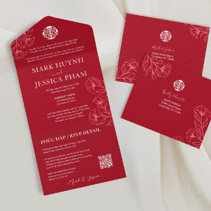 Bilingual Vietnamese English Red Wedding All In One Invitation
