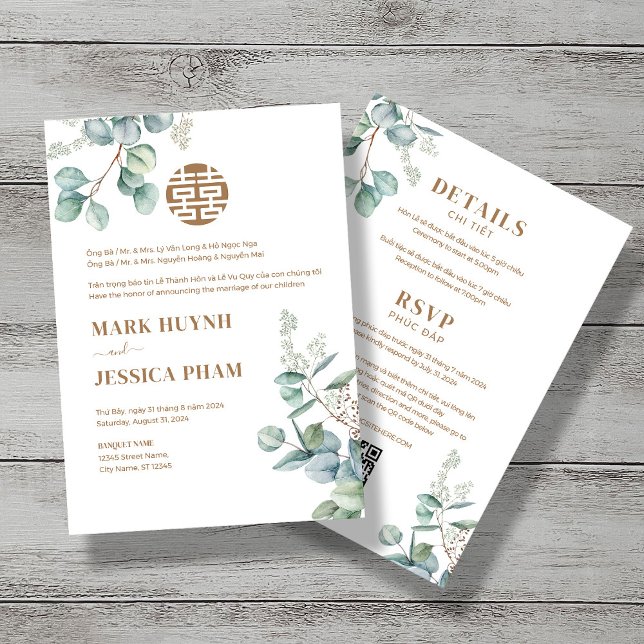 Bilingual Vietnamese Eucalyptus Song Hy Wedding Invitation (Creator Uploaded)