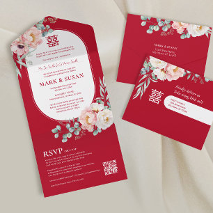 Bilingual Vietnamese Peonies Traditional All In One Invitation