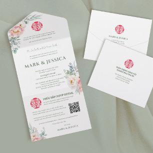 Bilingual Vietnamese Peonies Traditional All In One Invitation