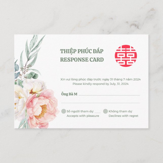 Bilingual Vietnamese Peony Song Hy Wedding RSVP (Front)