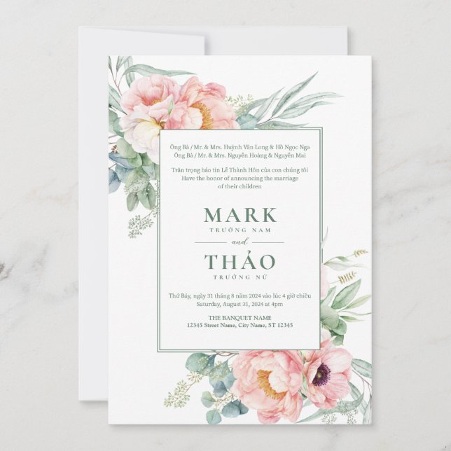 Bilingual Vietnamese Pink White Flower Wedding Invitation (Front)