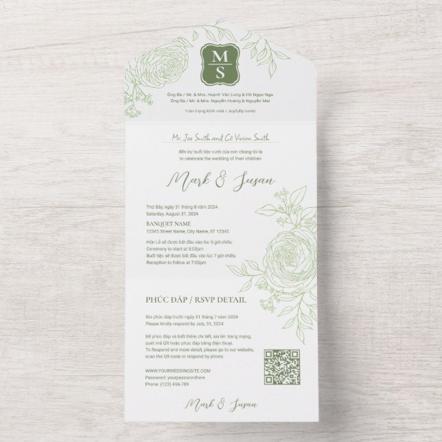 Bilingual Vietnamese Ranunculus Traditional All In One Invitation (Inside)