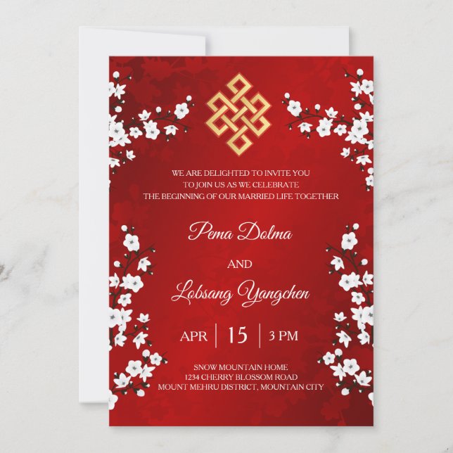 BILINGUAL  White Blossom Tibetan Wedding Invitation (Front)