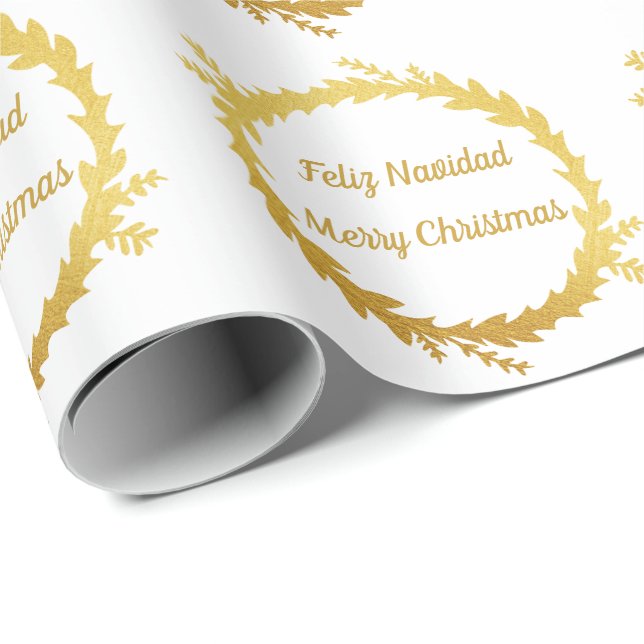 Bilingual White Golden Feliz Navidad Christmas Wrapping Paper (Roll Corner)