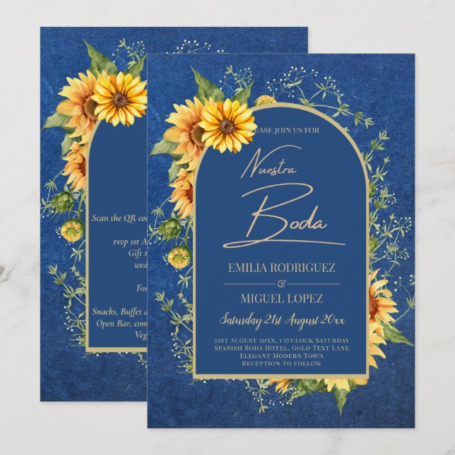 Bilingüe Rústico Azul Amarillo Girasoles Boda Invitation (Front/Back)
