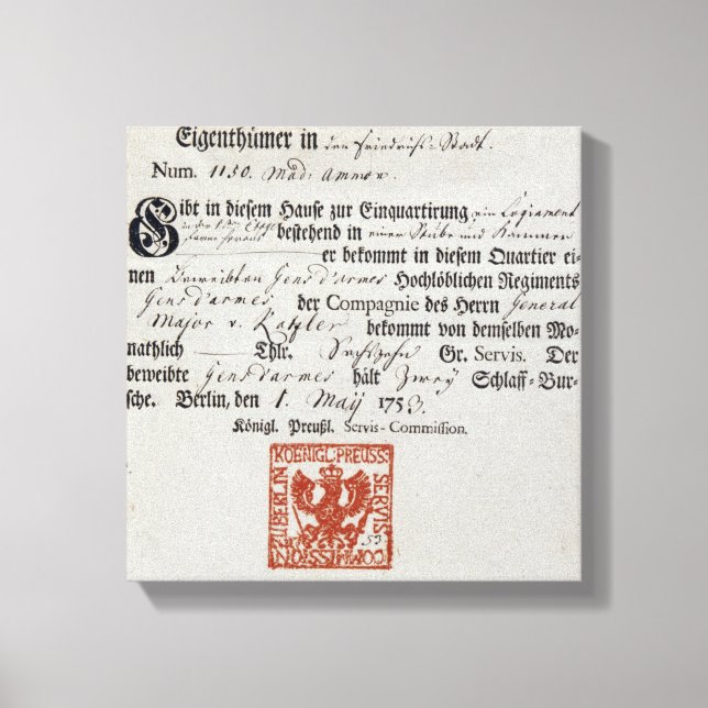 Billeting voucher, 1759 canvas print (Front)