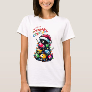 Billiard Ball Pile Pool Cue Christmas Hat Xmas T-Shirt