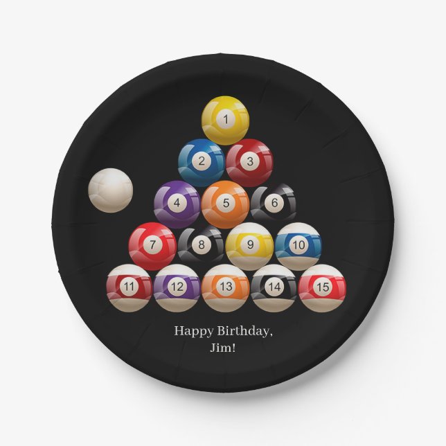 Billiard Balls on Black Paper Plate (Front)