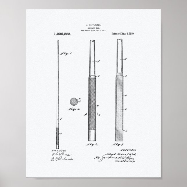 Billiard Cue 1919 Patent Art - White Paper Poster (Front)