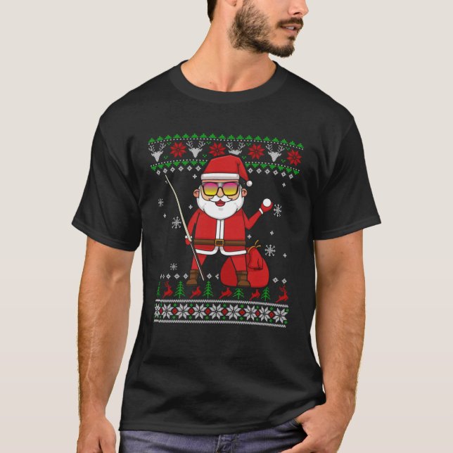 Billiard Player Stick Rack Santa Claus Ugly Xmas T-Shirt (Front)