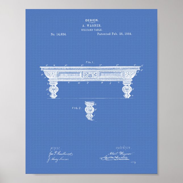 Billiard Table 1884 Patent Art - Blueprint Poster (Front)