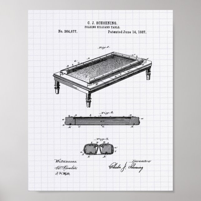 Billiard Table 1887 Patent Art - Lined Peper Poster (Front)