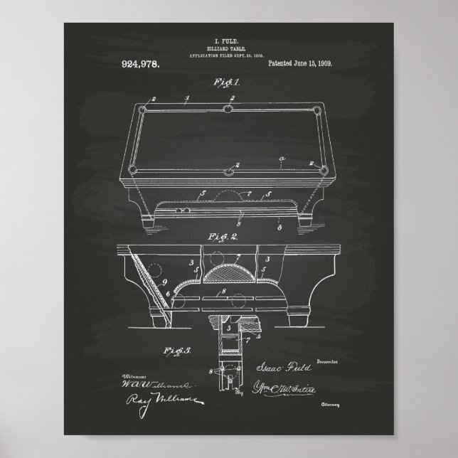 Billiard Table 1909 Patent Art - Chalkboard Poster (Front)
