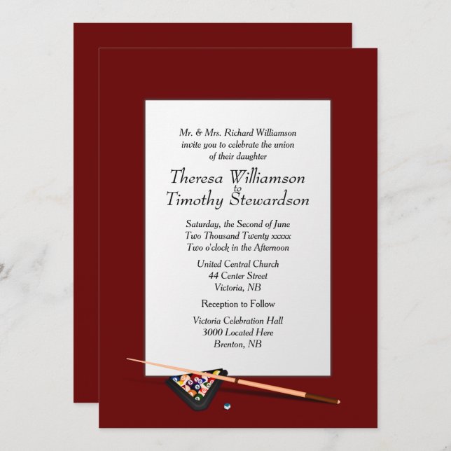 Billiard Theme Wedding Invitation Deep Red (Front/Back)