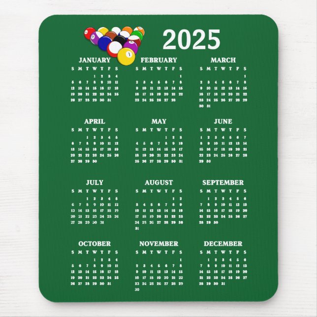Billiards Balls Pool Design 2025 Calendar MousePad (Front)