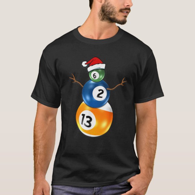 Billiards Christmas Snowman  with Pool Table Balls T-Shirt (Front)