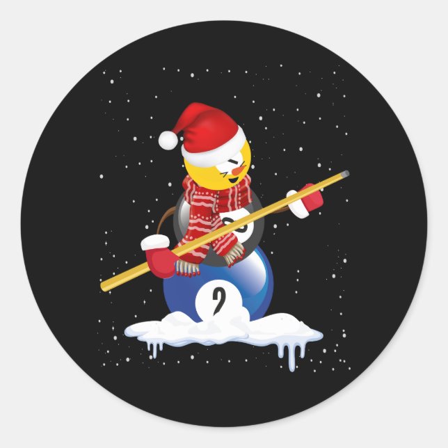 Billiards Merry Christmas Snowman with Pool Table  Classic Round Sticker (Front)