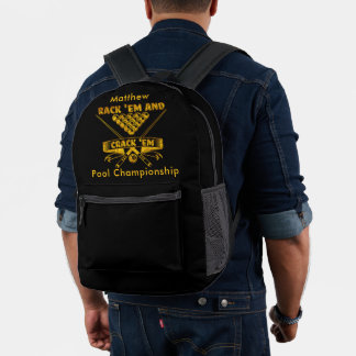 Billiards Motto With Cues & Balls Gold Printed Backpack