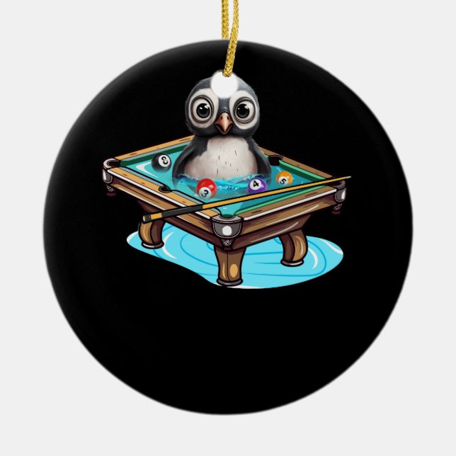 Billiards Penguin Hustler Pool Snooker Playing Poo Ceramic Tree Decoration (Front)