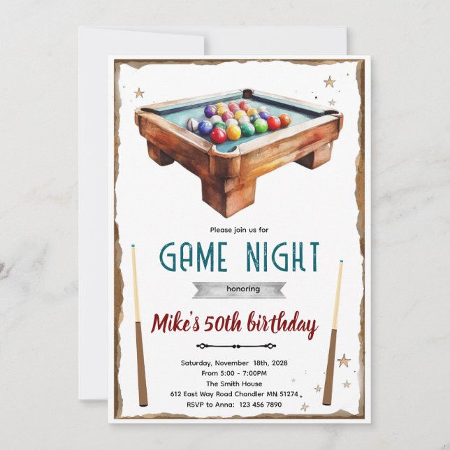 Billiards Pool Table birthday party Invitation (Front)