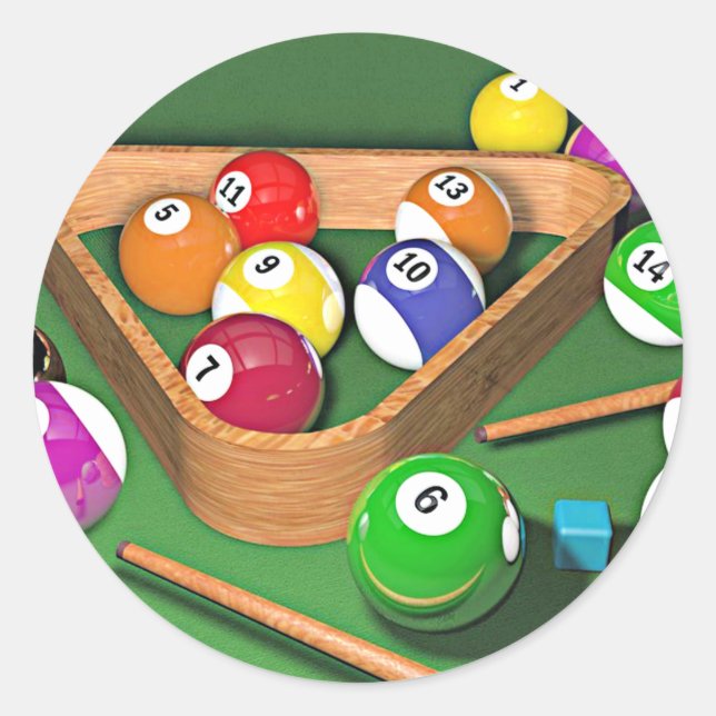 Billiards, rack 'em up, colourful design, classic round sticker (Front)