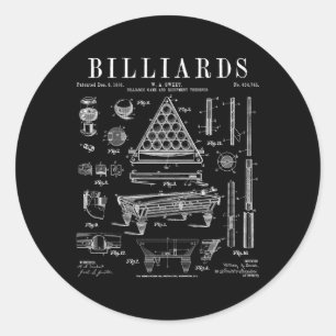 Billiards Table Pool Cue Ball Patent Drawing Print Classic Round Sticker