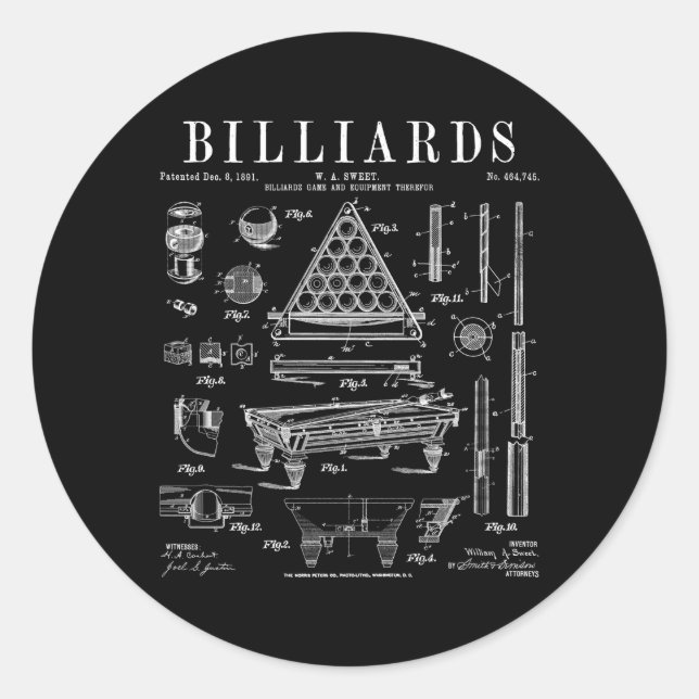 Billiards Table Pool Cue Ball Patent Drawing Print Classic Round Sticker (Front)