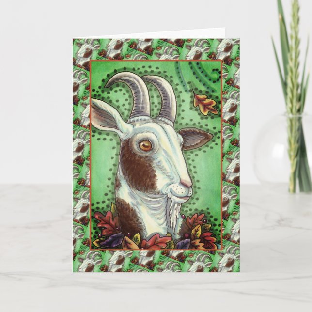 BILLY GOAT AND AUTUMN LEAVES, THANKSGIVING FARM CARD (Front)