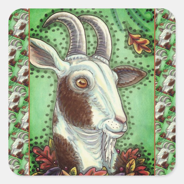 BILLY GOAT AND AUTUMN LEAVES, THANKSGIVING FARM SQUARE STICKER (Front)