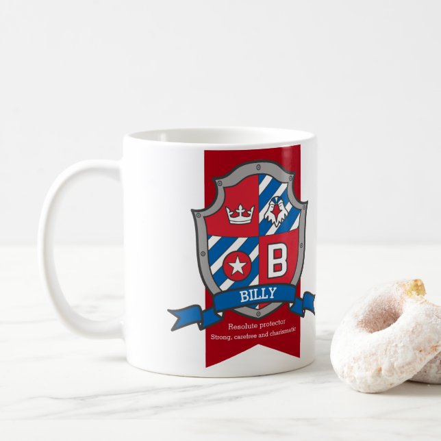 Billy name meaning letter B bird red blue shield Coffee Mug (With Donut)