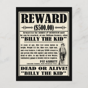 Billy the Kid Wanted Poster Postcard