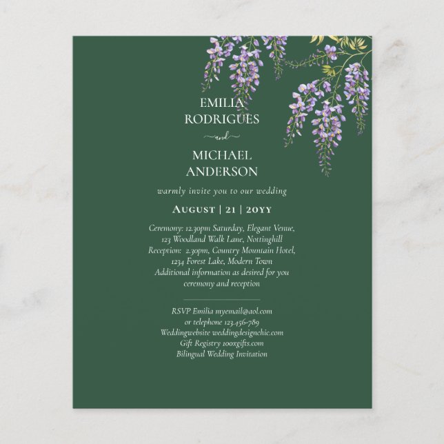 Bilungual WISTERIA Emerald Green Two-Sided Invite Flyer (Front)