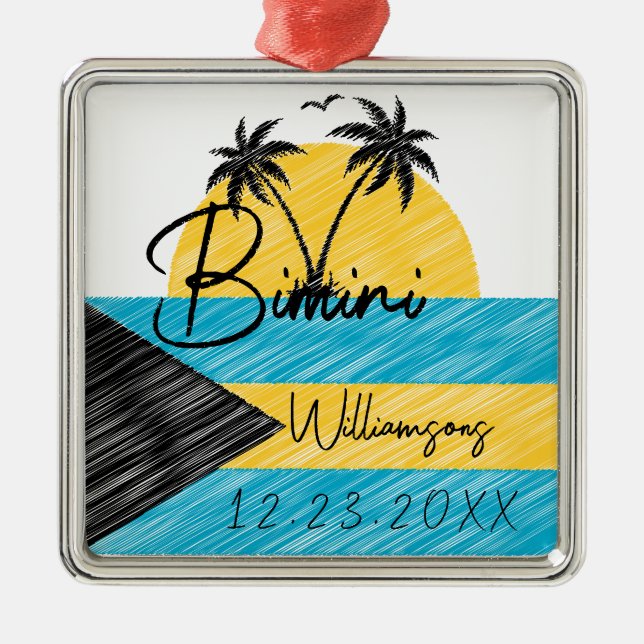 Bimini Bahamas Flag Palm Tree Sunset Souvenirs Metal Tree Decoration (Front)